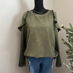 Olive Green Distressed Open Shoulder Sweatshirt